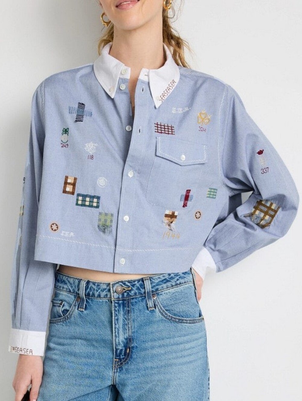Sea New York Claira Embroidered Button Down Top Collared Long Sleeve Size L